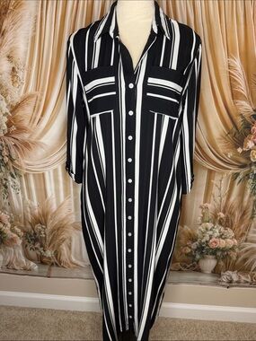 New York & Company Black and White Vertical Stripe Maxi Shirt Dress
